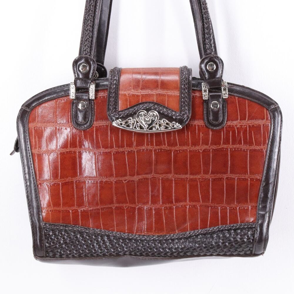 Vtg MC Satchel Handbag Women M Brown Faux Croc Leather 2 Tone Purse Bag Western